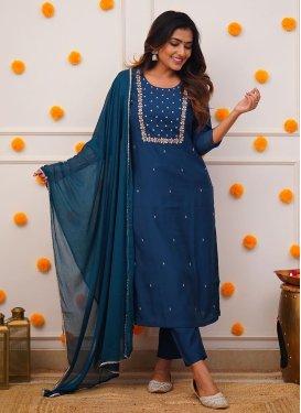 Navy Blue Rayon Readymade Salwar Suit with Embroidered Work for Ceremonial