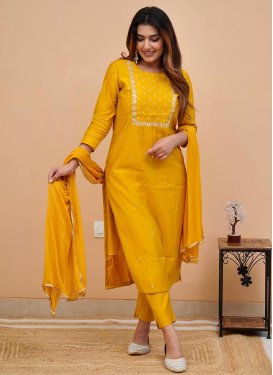 Rayon Readymade Salwar Suit with Embroidered Work in Mustard for Ceremonial