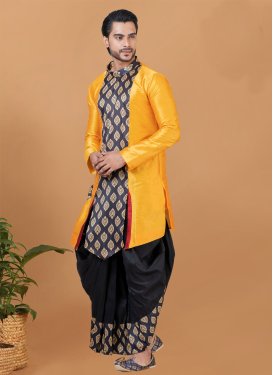 Dupion Silk Dhoti Kurta with Woven Work in Black and Orange