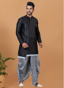 Dupion Silk Dhoti Kurta with Woven Work in Black and Grey