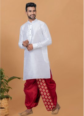 Red and White Dupion Silk Dhoti Kurta with Woven Work for Ceremonial