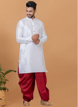 Red and White Dupion Silk Dhoti Kurta with Woven Work for Ceremonial