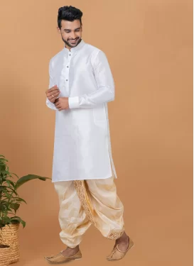 Dupion Silk Dhoti Kurta in Cream and White with Fancy Work for Men
