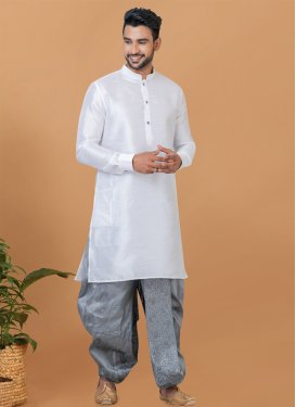 Dupion Silk Dhoti Kurta with Woven Work in Grey and White
