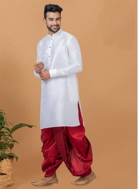 Dupion Silk Dhoti Kurta with Woven Work in Red and White for Festival