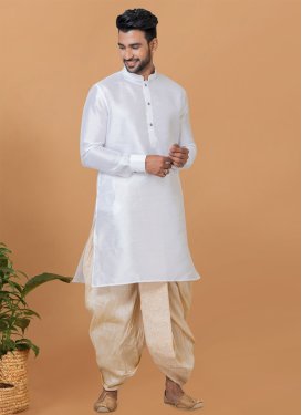 Woven Work Dupion Silk Dhoti Kurta in Cream and White for Ceremonial