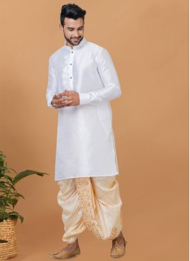 Dupion Silk Dhoti Kurta with Woven Work in Cream and White