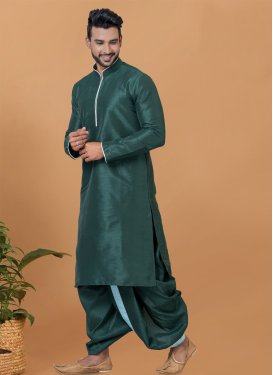 Dupion Silk Dhoti Kurta with Woven Work in Bottle Green