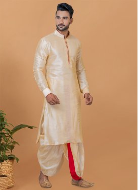 Cream Dupion Silk Woven Work Dhoti Kurta for Men