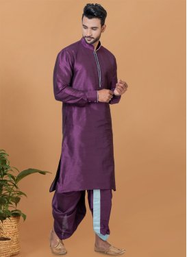 Dupion Silk Dhoti Kurta in Purple with Woven Work for Men