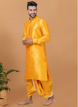 Orange Dupion Silk Woven Work Dhoti Kurta for Men
