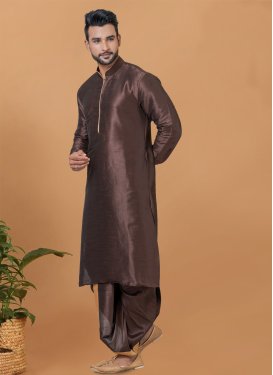 Woven Work Dupion Silk Dhoti Kurta in Coffee Brown for Festival