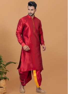 Woven Work Dupion Silk Dhoti Kurta in Red for Men