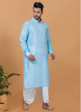 Dupion Silk Dhoti Kurta with Woven Work in Light Blue and White