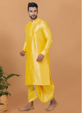 Dupion Silk Dhoti Kurta in Yellow with Woven Work for Men
