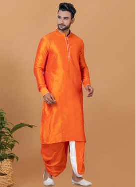 Woven Work Dupion Silk Dhoti Kurta in Orange for Ceremonial