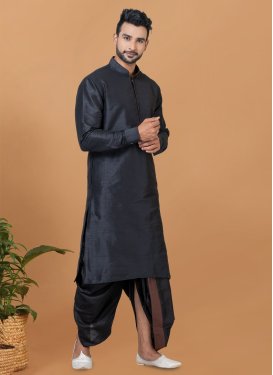 Dupion Silk Dhoti Kurta in Black with Woven Work for Men