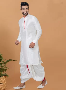 Dupion Silk Dhoti Kurta with Woven Work for Men in White