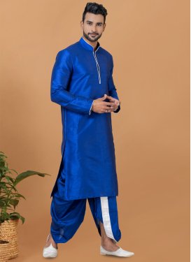 Woven Work Dupion Silk Dhoti Kurta in Blue for Men