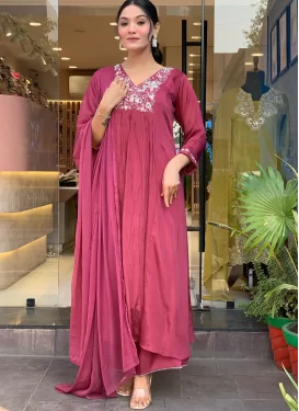Rose Pink Chanderi Silk Readymade Salwar Suit with Embroidered Work for Festival