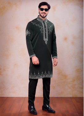 Embroidered Work Fancy Fabric Kurta Pajama in Bottle Green for Festival