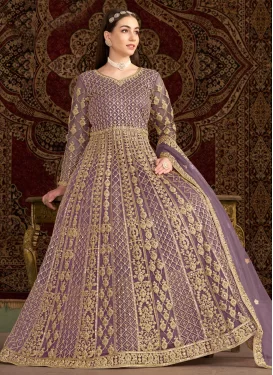 Net Anarkali Suit with Embroidered Work in Violet for Festival