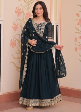 Teal Georgette Designer Gown with Embroidered Work for Ceremonial