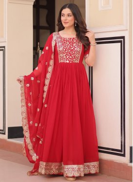 Embroidered Work Georgette Designer Gown in Tomato for Festival