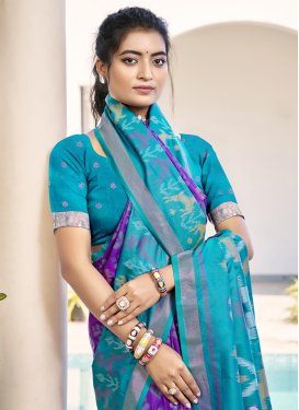 Woven Work Handloom Silk Traditional Saree in Teal and Violet for Women