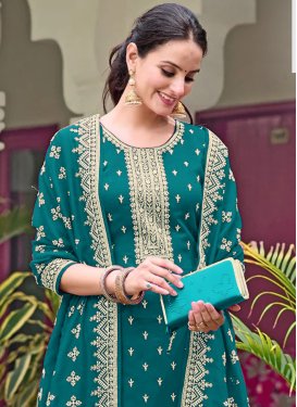 Teal Georgette Straight Suit with Embroidered Work for Festival