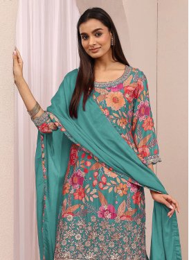 Chinon Palazzo Suit with Digital Print Work for Ceremonial in Turquoise