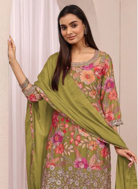 Chinon Palazzo Suit with Digital Print Work for Women in Olive
