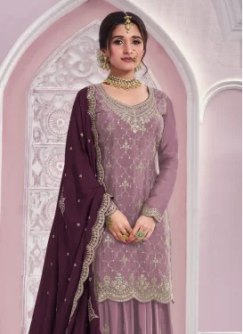 Chinon Palazzo Suit in Mauve Pink with Embroidered Work for Women