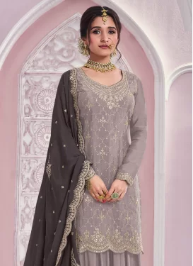 Embroidered Work Chinon Palazzo Suit in Beige for Women