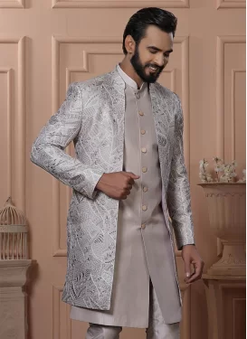 Cord Work Fancy Fabric Indo Western in Beige and Grey for Festival