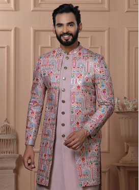 Embroidered Work Silk Indo Western in Salmon for Men