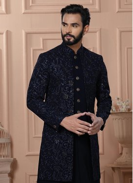 Embroidered Work Fancy Fabric Indo Western in Navy Blue for Men