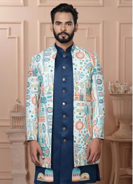 Navy Blue and Turquoise Satin Silk Digital Print Work Indo Western for Men
