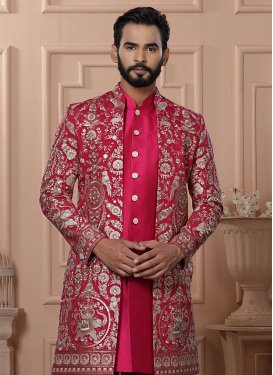 Embroidered Work Silk Indo Western in Rose Pink for Men