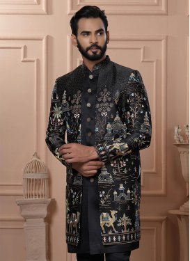 Fancy Fabric Indo Western in Black with Cord Work for Men