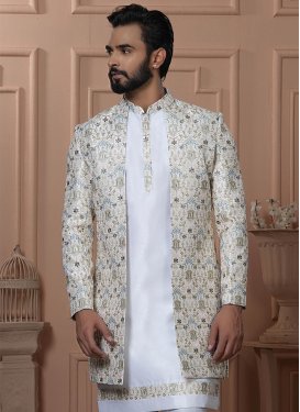 White Silk Embroidered Work Indo Western for Men