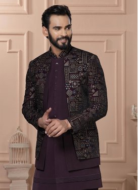 Embroidered Work Fancy Fabric Indo Western in Wine for Men