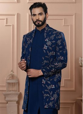 Embroidered Work Fancy Fabric Indo Western in Navy Blue for Party