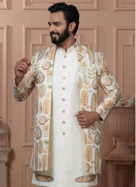 Cream Silk Resham Work Indo Western for Men