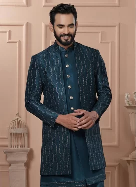 Embroidered Work Silk Indo Western in Teal for Festival