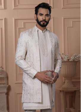 Silk Indo Western in Off White with Embroidered Work for Men