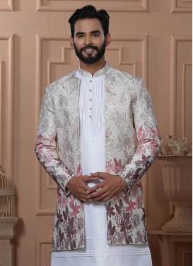 Embroidered Work Silk Indo Western in White for Festival