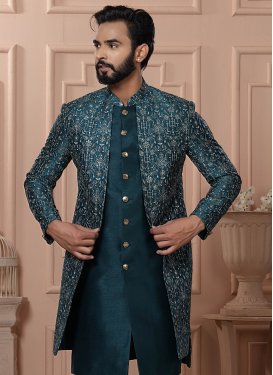 Teal Silk Cord Work Indo Western for Men