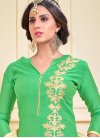 Monumental Embroidered Work Cream and Mint Green Chanderi Cotton Straight Salwar Kameez For Festival - 1