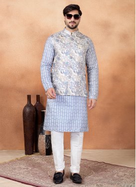 Art Silk Kurta Pajama With Jacket in Grey and Off White with Digital Print Work for Festival